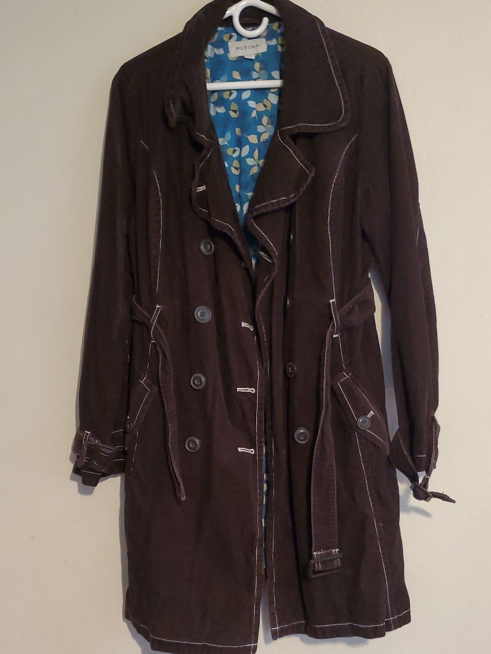 Merona Dark Brown Corduroy Trench Coat with Blue Floral Lining